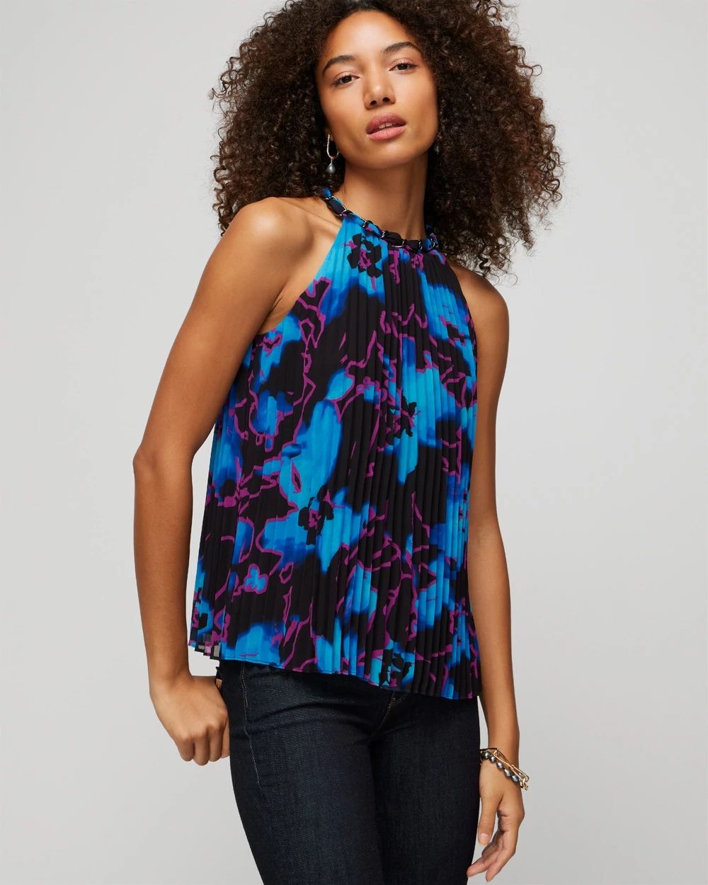 Sleeveless Pleat Chain Neck Halter