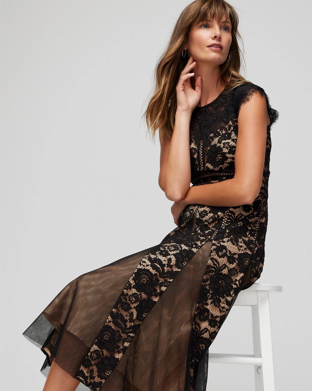 Petite Cap Sleeve All Over Lace Godet Fit & Flare Dress