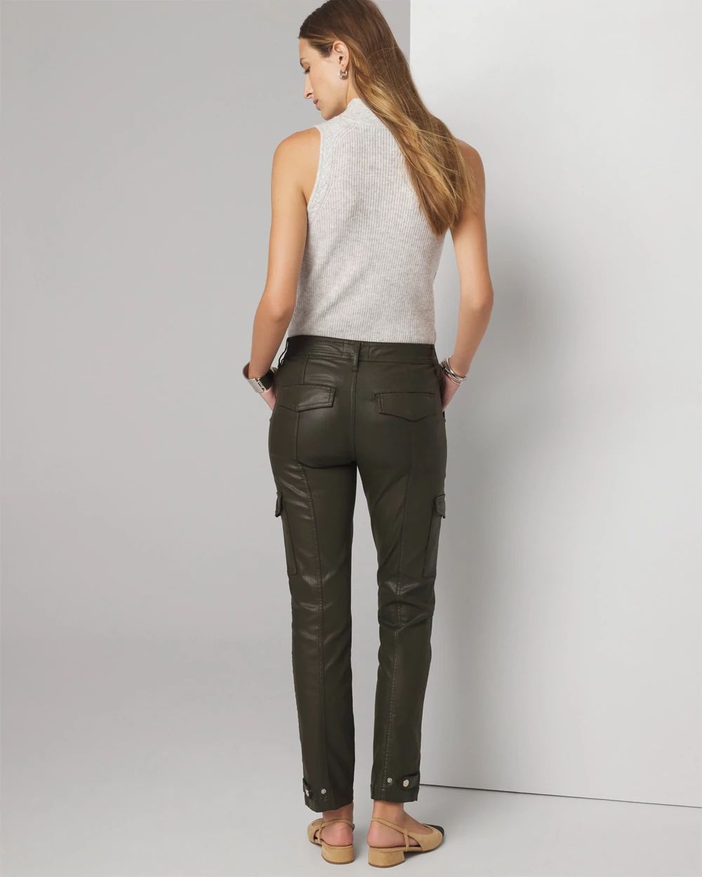 Mid-Rise Tapered Cargo Coated Jeans