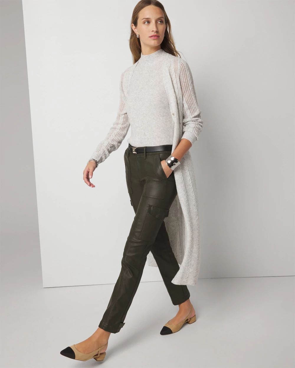 Mid-Rise Tapered Cargo Coated Jeans