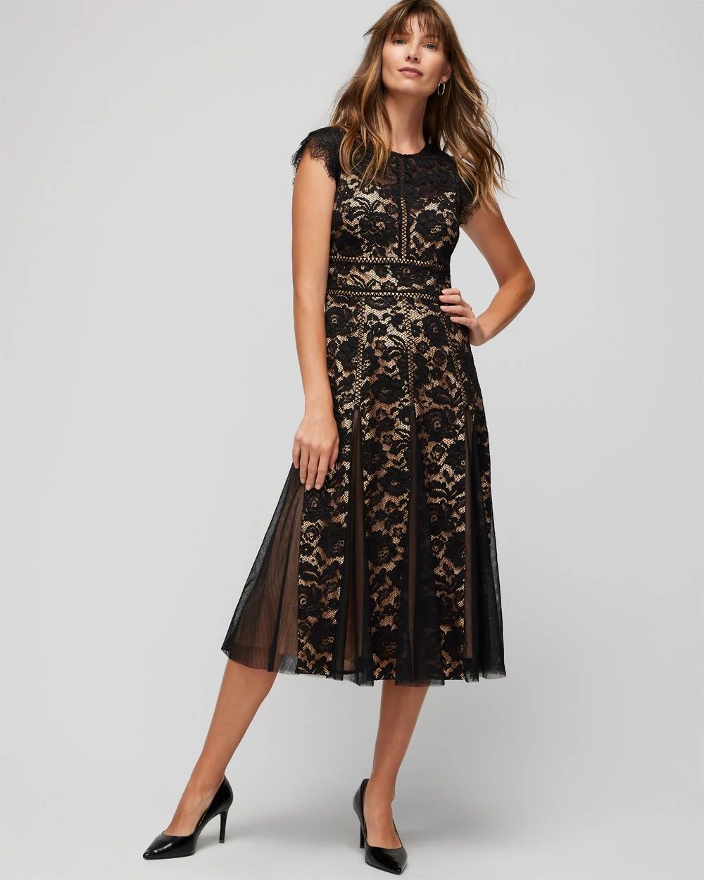 Petite Cap Sleeve All Over Lace Godet Fit & Flare Dress