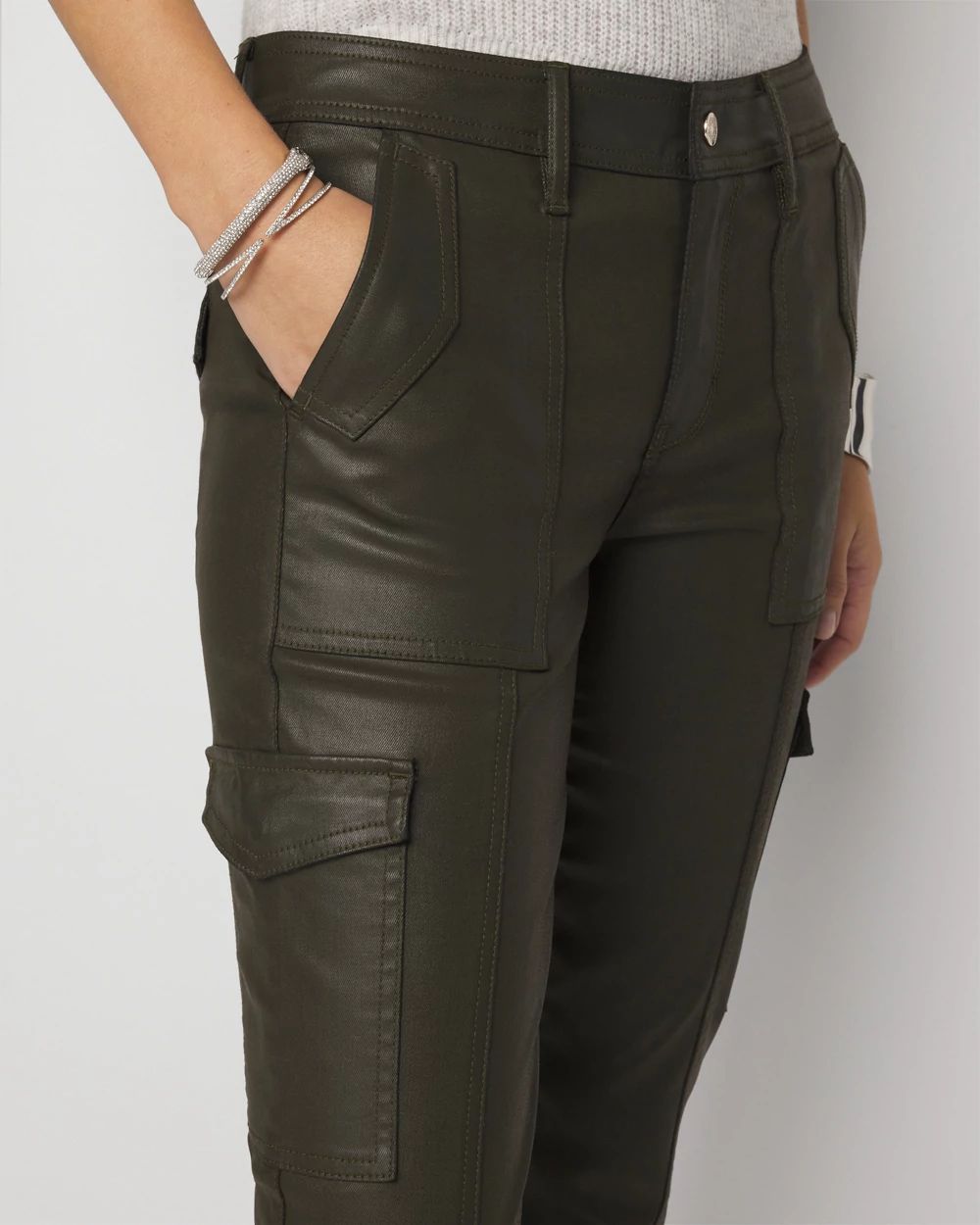 Mid-Rise Tapered Cargo Coated Jeans