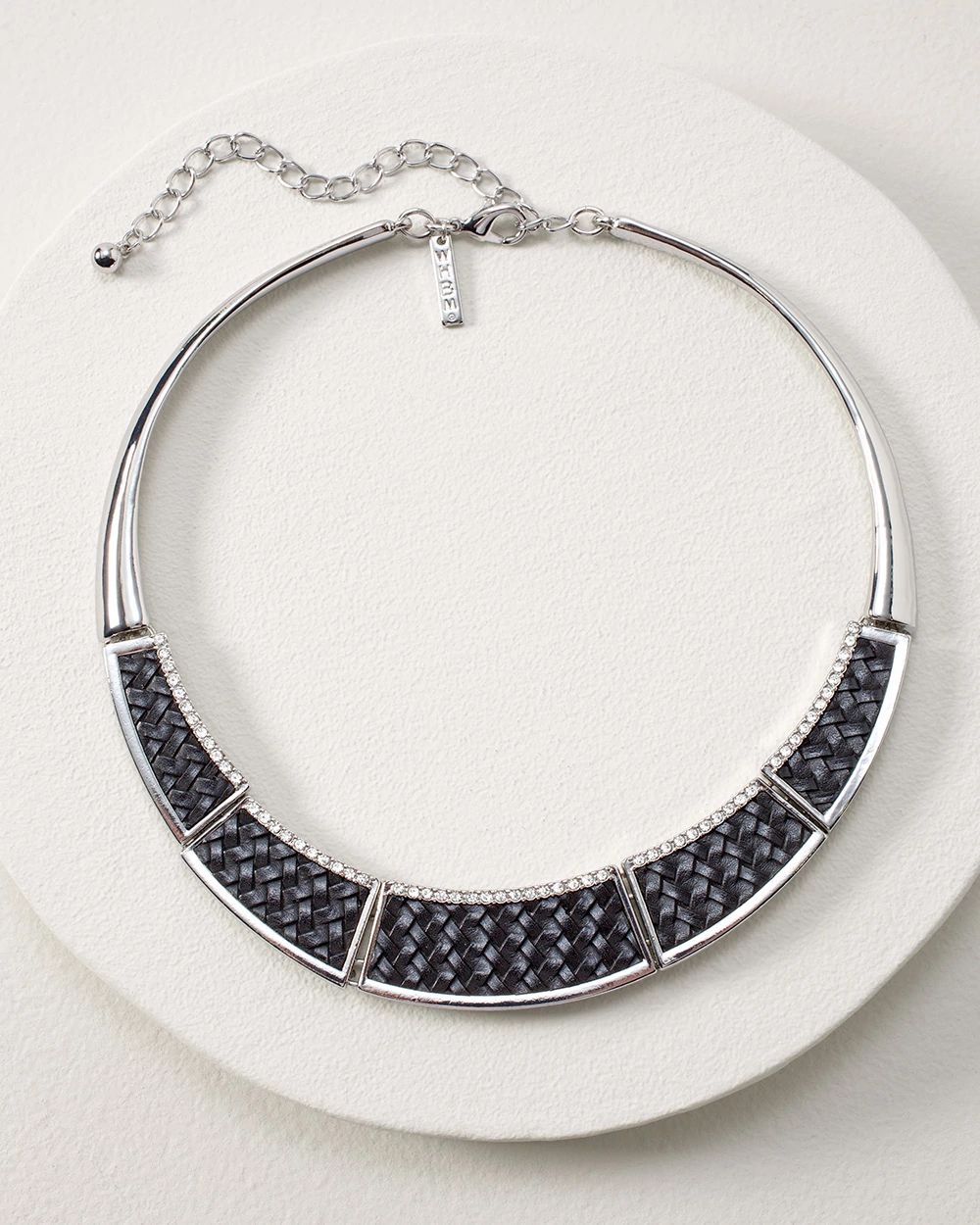 Black Leather & Silvertone Collar Necklace